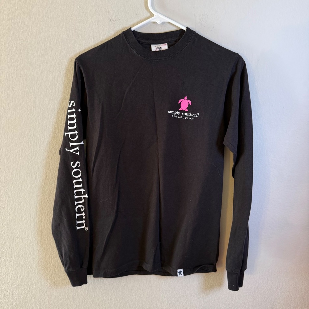 Simply Southern Mens‎ Small Black Long Sleeve Pink Turtle Graphic T-Shirt Cotton